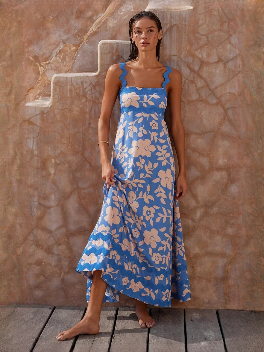 Blue Peach Floral Print a-line maxi formal dress with square neckline, full-length front view
