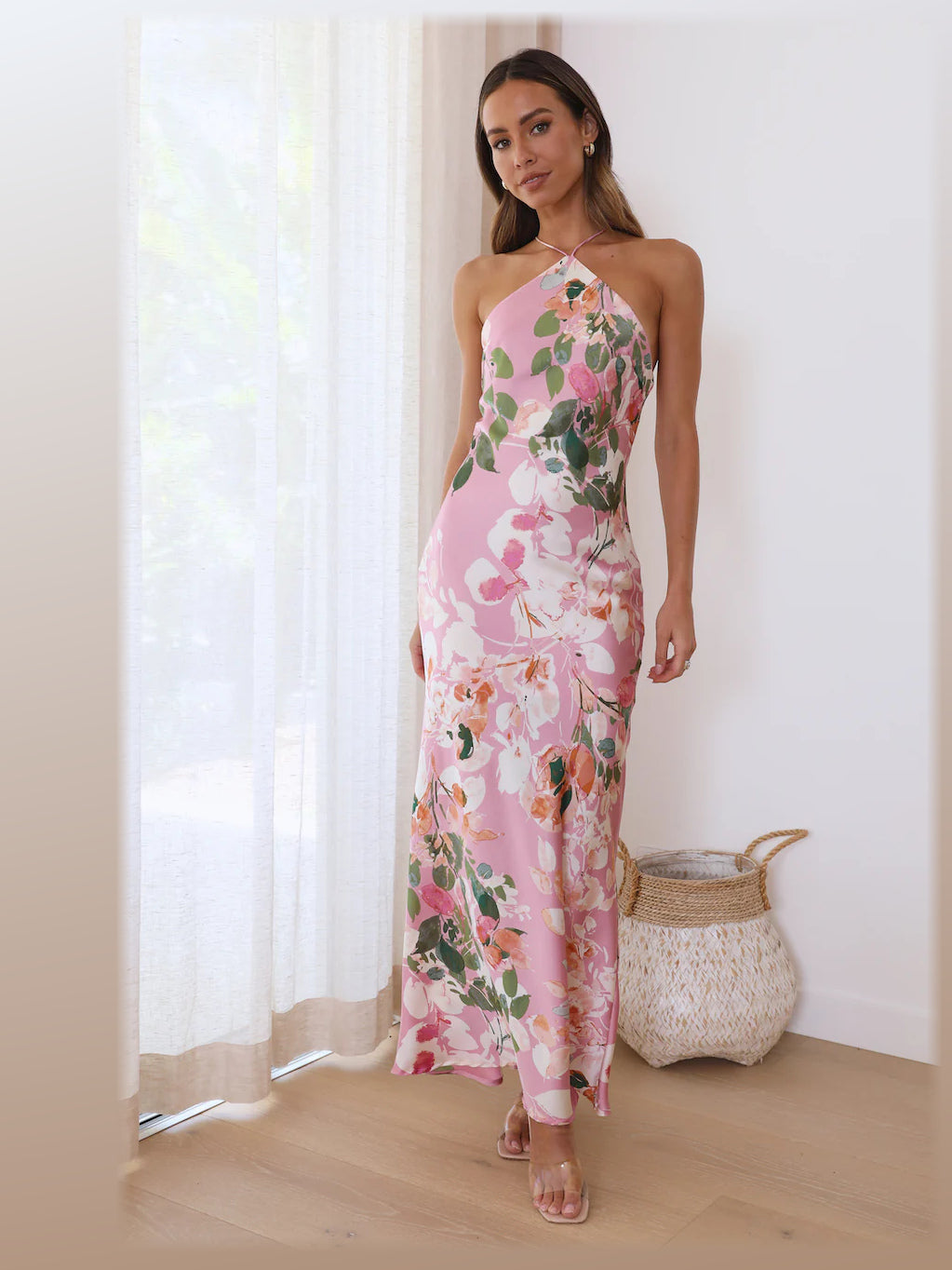 Pink maxi formal dress, front full-length view showing the neckline
