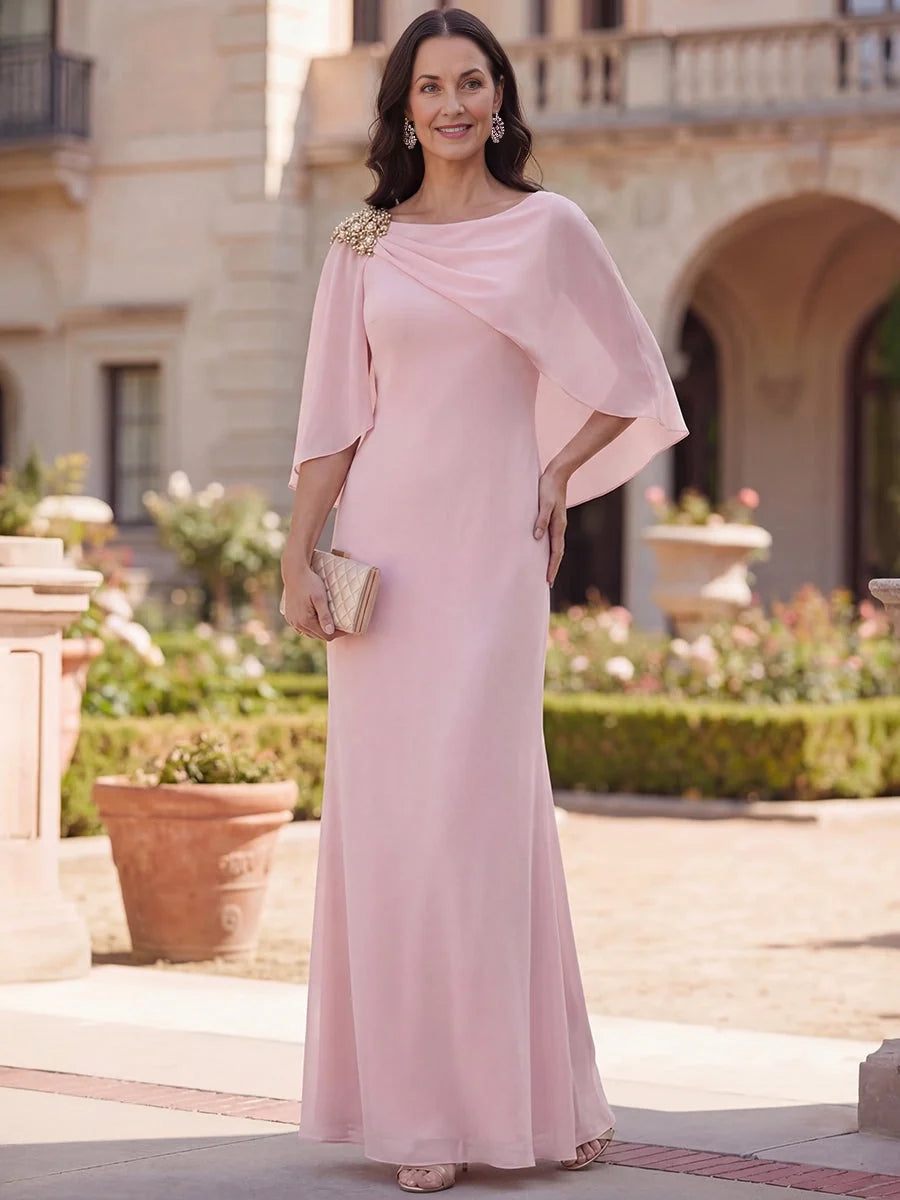 Pink chiffon sheath dress, boat neck, draped drape, beaded shoulder detail, cape sleeves
