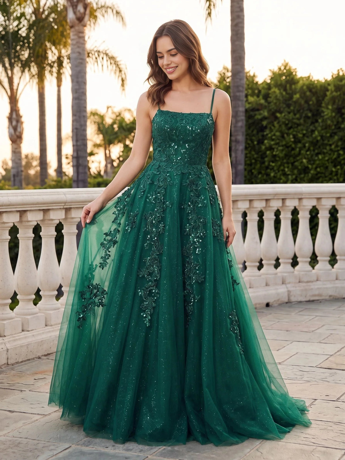 Emerald green sequin A-line prom dress with floral tulle, V-neck, spaghetti straps
