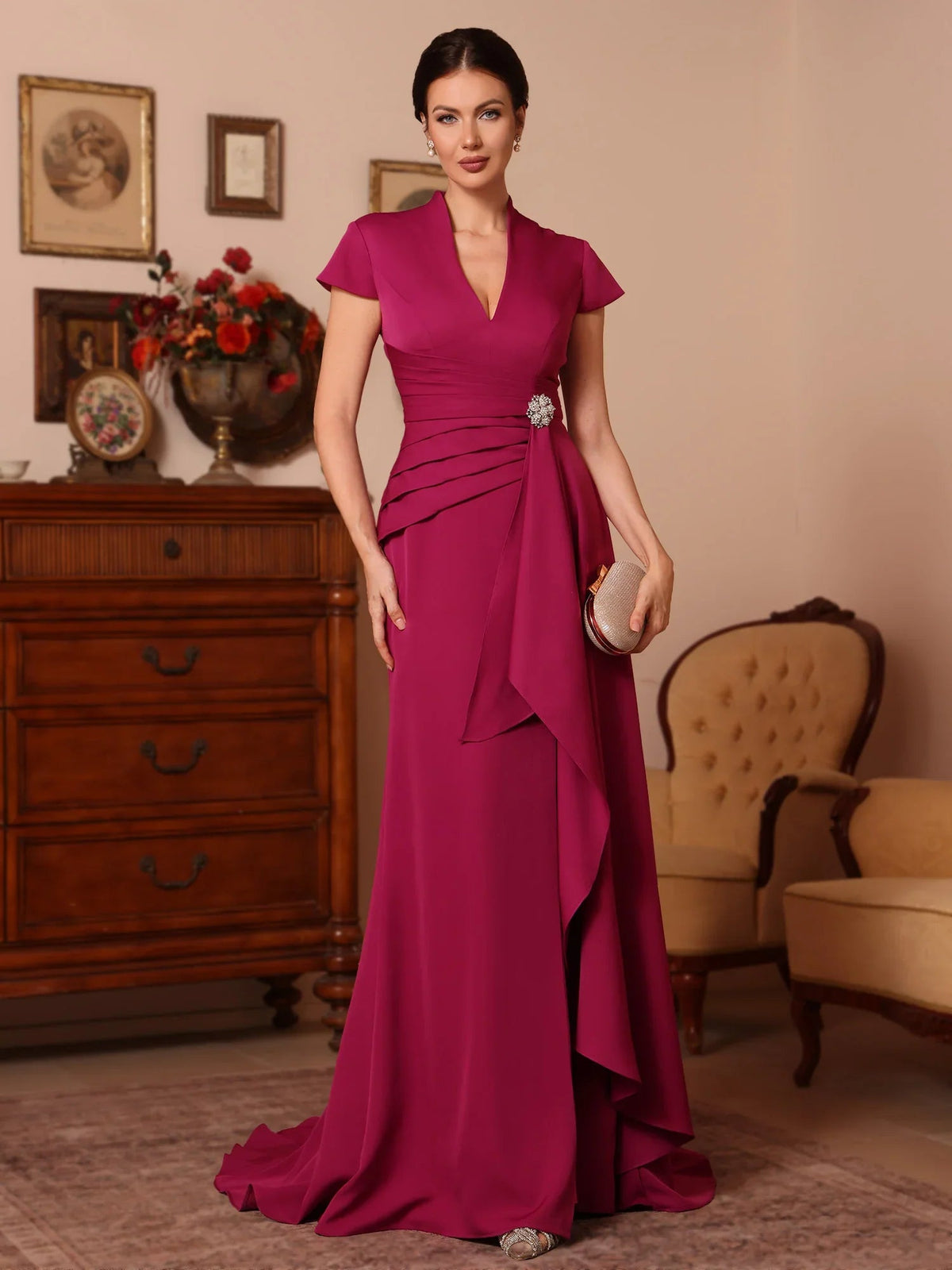 Raspberry satin mother-of-the-bride dress, beaded V-neck, ruffled A-line