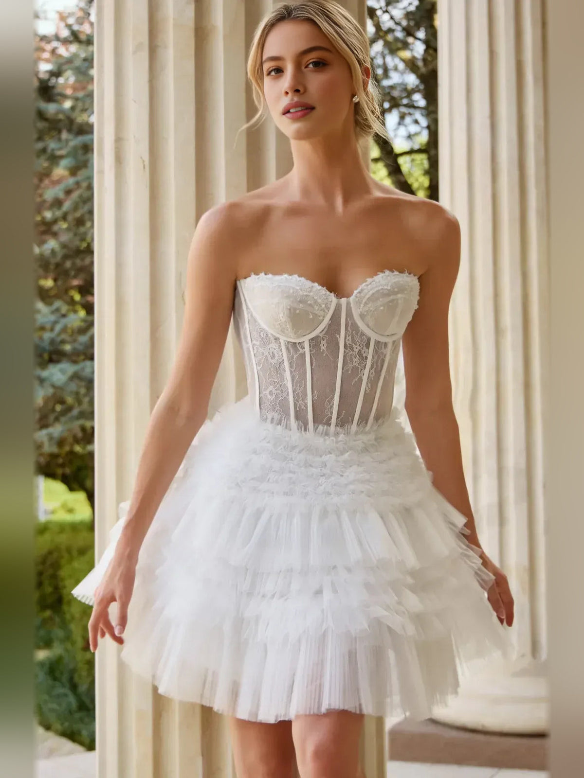 White sweetheart strapless corset-style tiered A-line short tulle homecoming dress