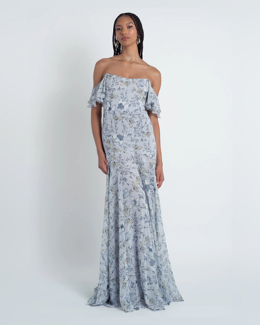Light blue floral maxi A-line dress with off-shoulder neckline and flutter sleeves
