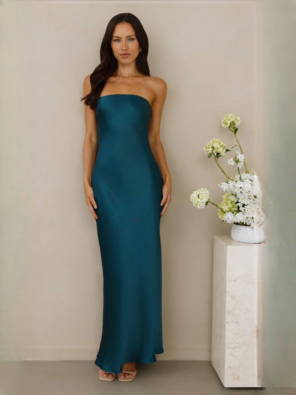 Teal sheath maxi formal dress with strapless neckline, full-length front view