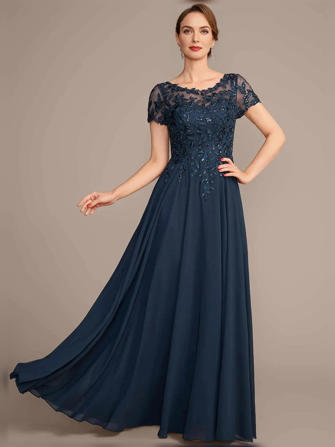 Navy chiffon A-line mother of the bride dress with embroidered illusion bodice and short sleeves