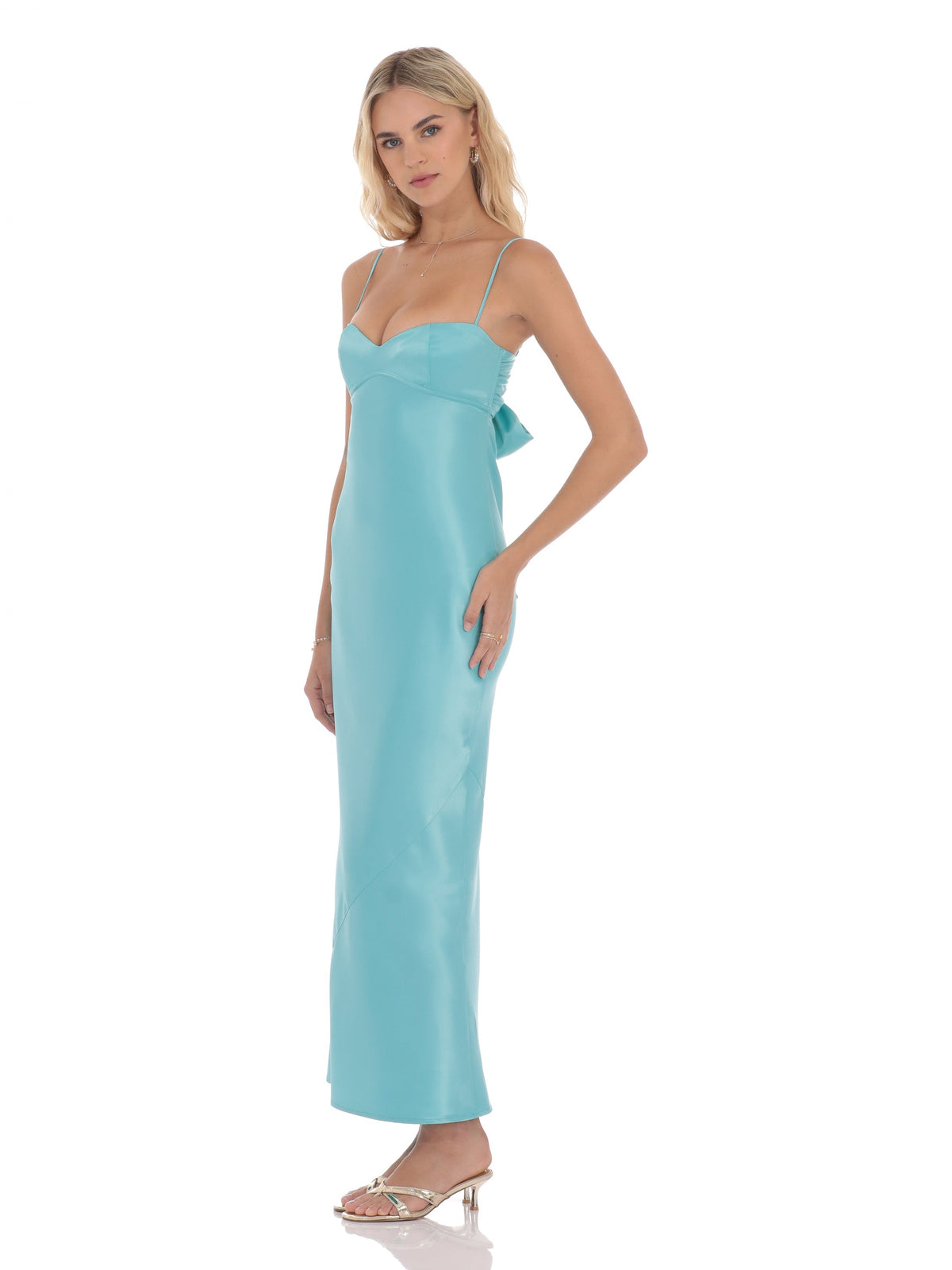 Aqua bridesmaid dress with a-line silhouette and maxi length
