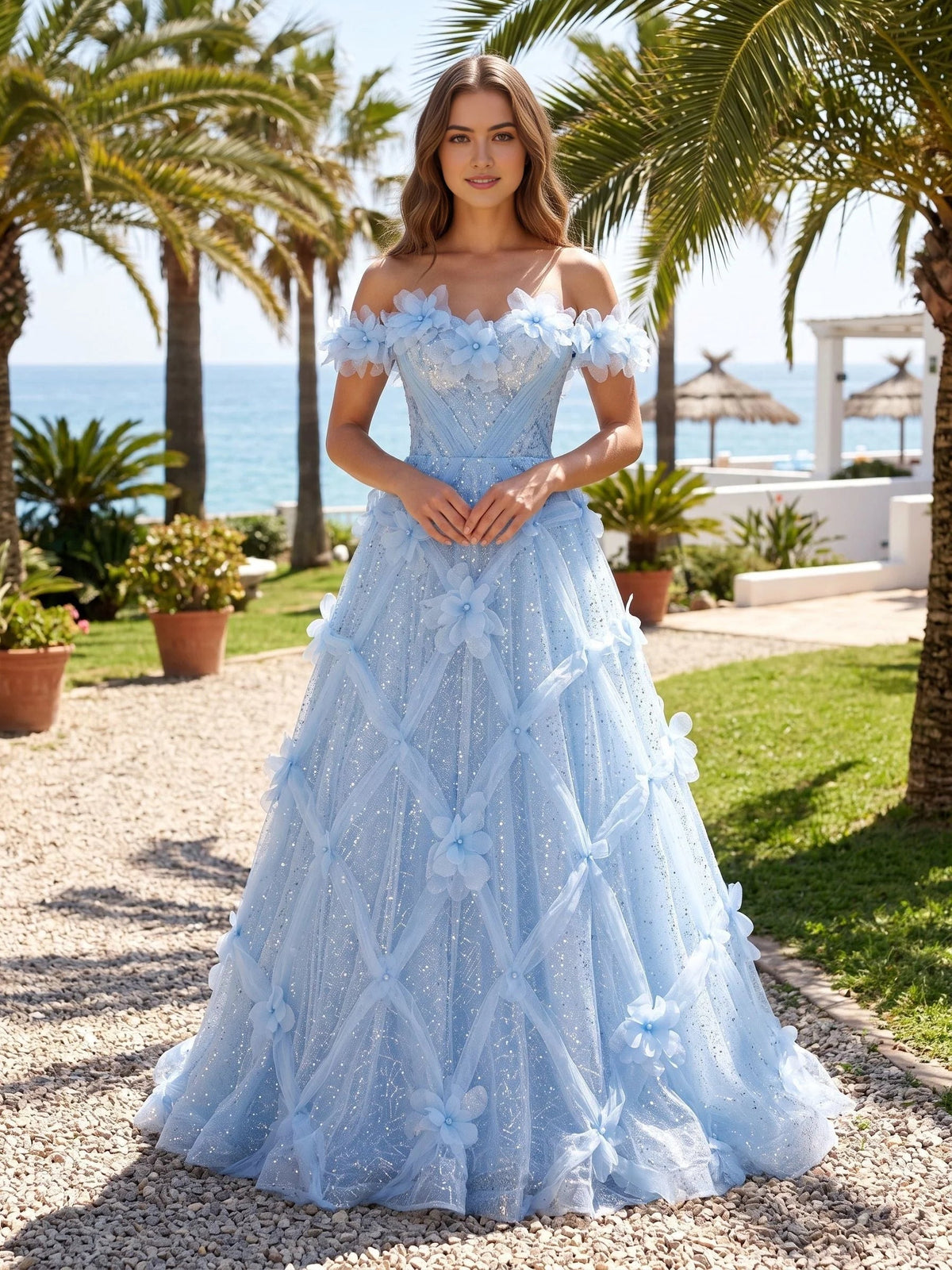 Light blue off-shoulder corset ball gown with floral appliques and ruffle tulle skirt