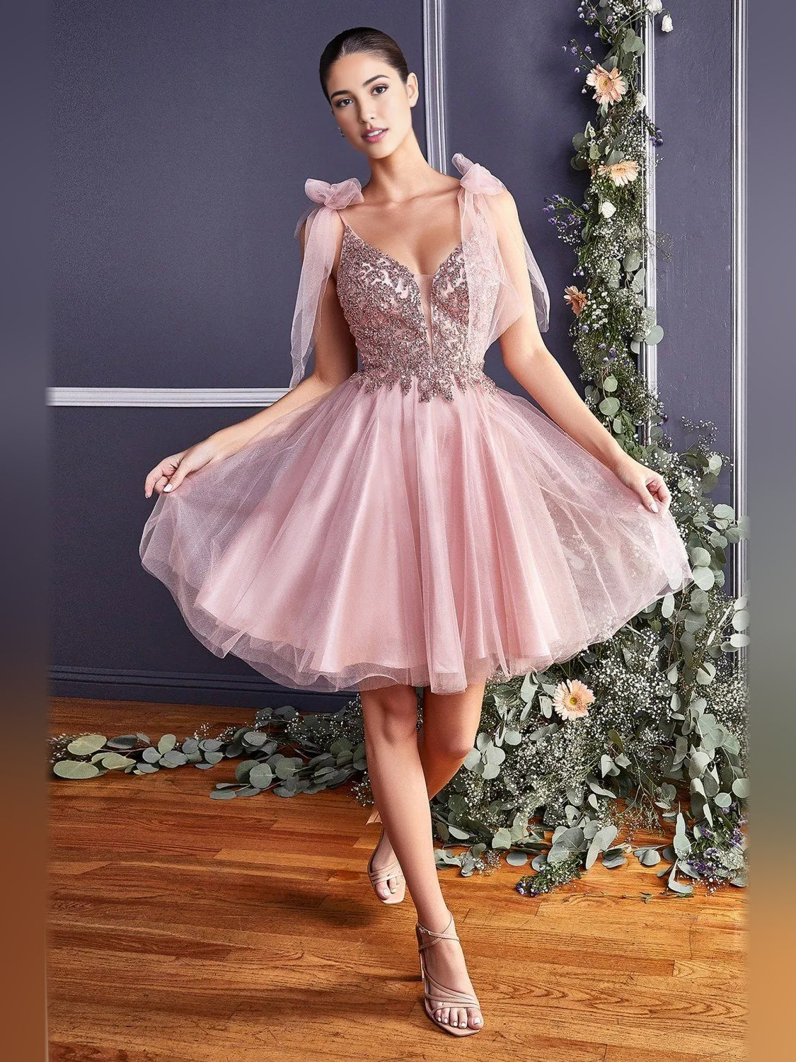 Light pink beaded V-neck A-line short tulle dress with bow straps
