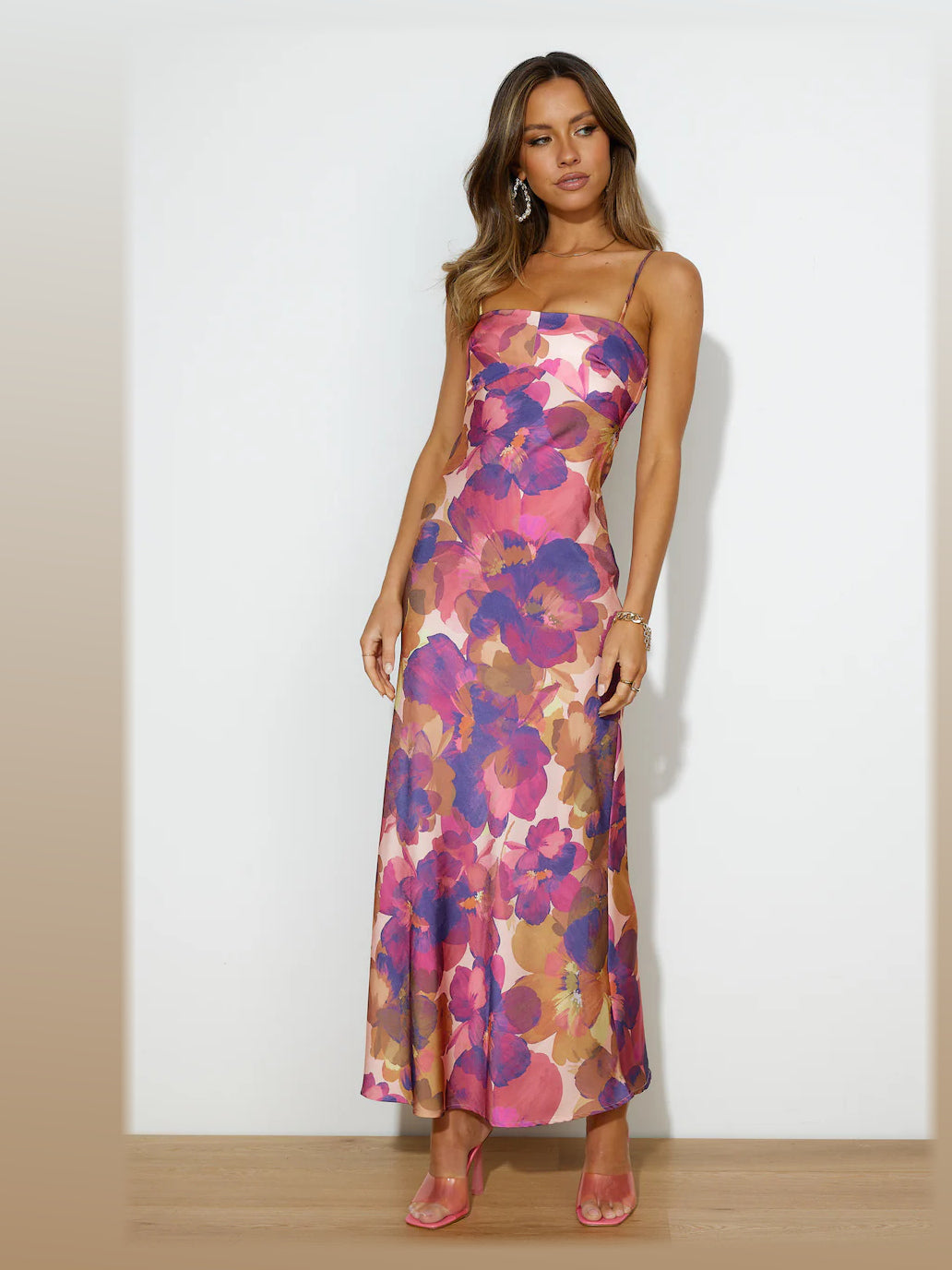 Purple midi formal dress, front full-length view showing the neckline