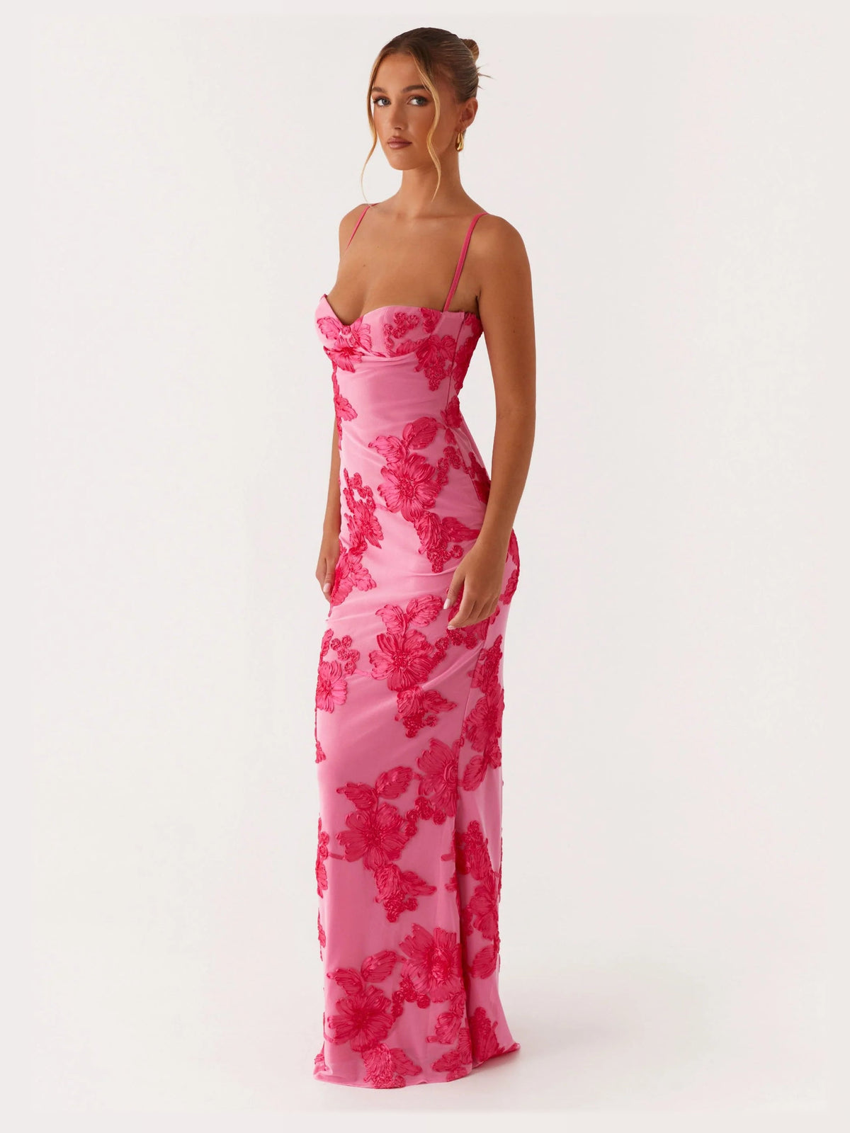 Pink maxi formal dress, front full-length view showing the neckline