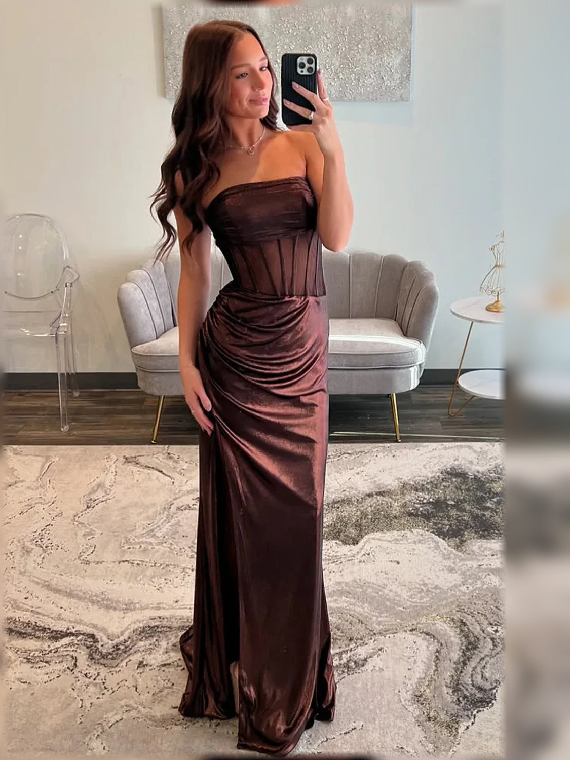 Espresso strapless corset satin formal dress with ruching, floor-length