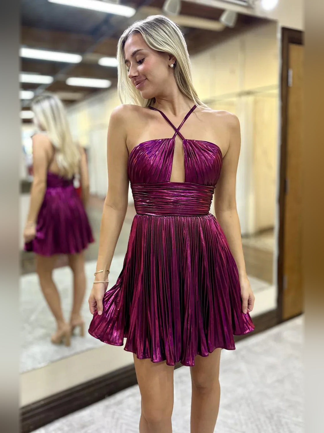 Ruched halter A-line short dress in deep purple with pleated skirt