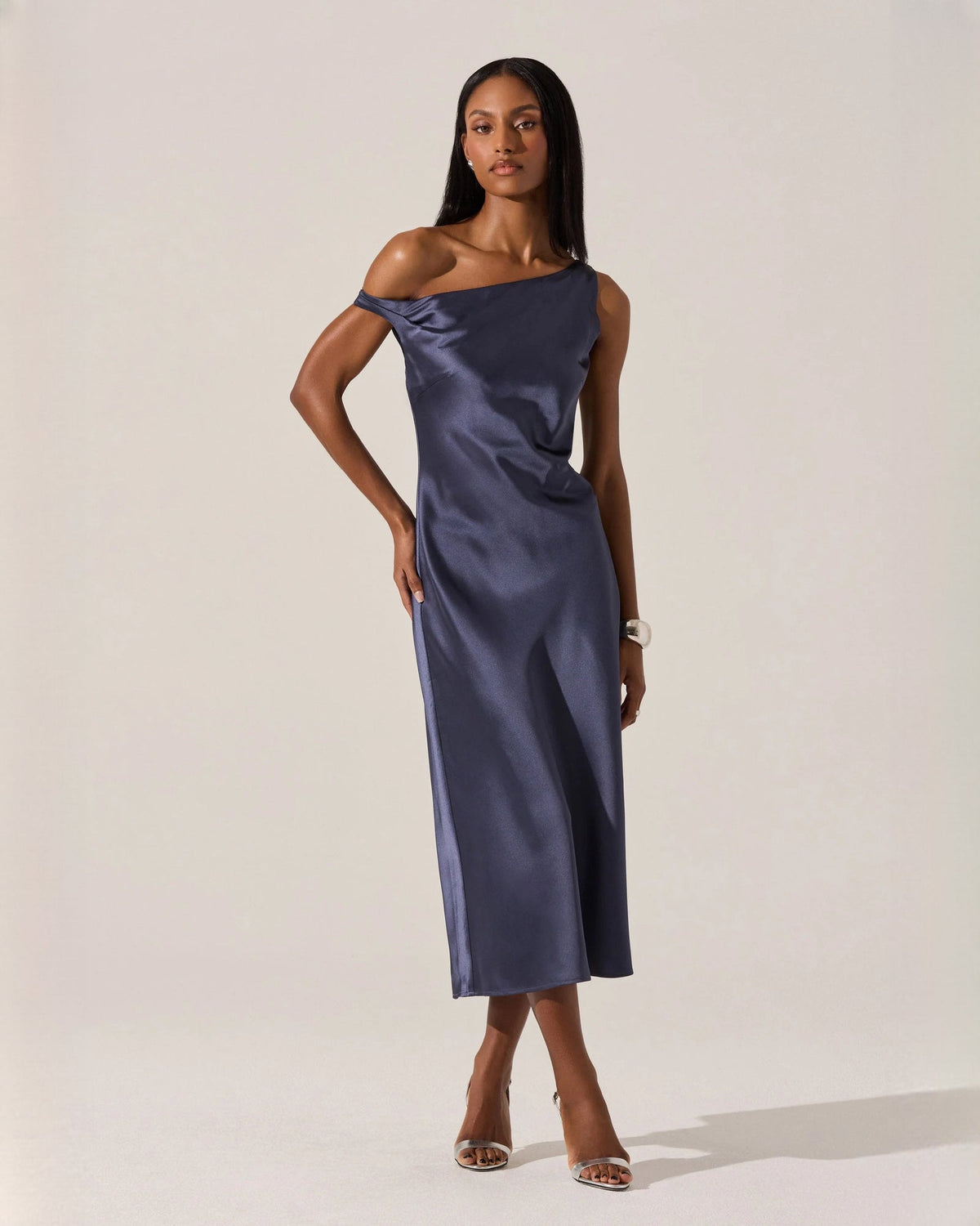 Royal blue off-shoulder satin midi A-line bridesmaid dress with draped bodice