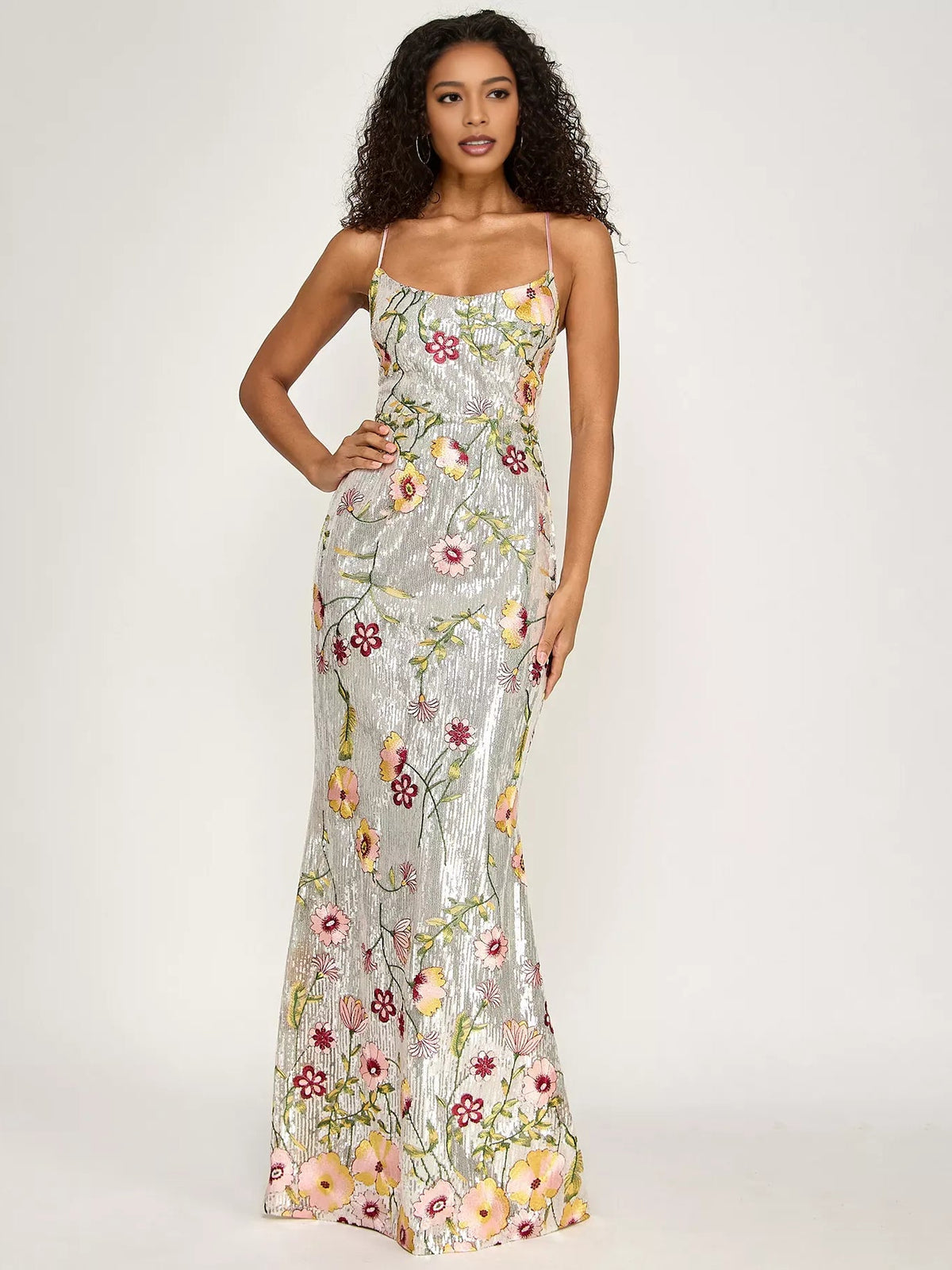 Floral print embroidered formal dress, light gray with spaghetti straps and scoop neckline