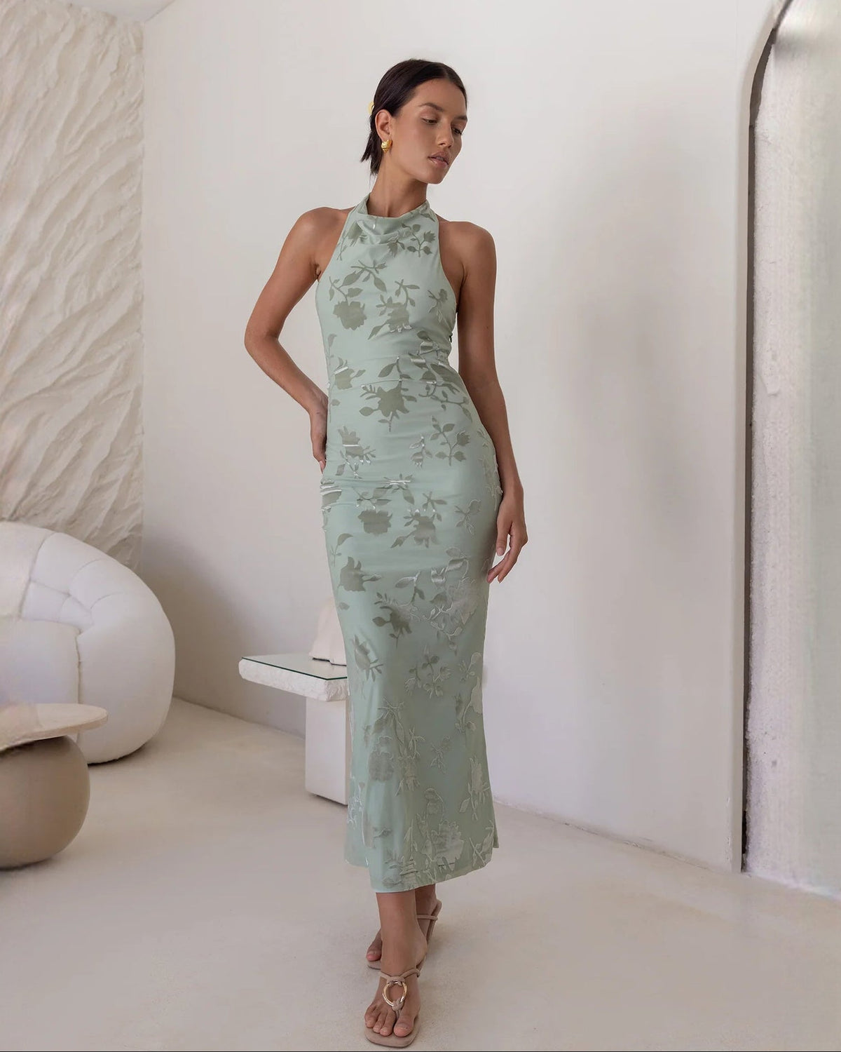 Dusty sage floral sleeveless halter A-line maxi dress with mesh overlay