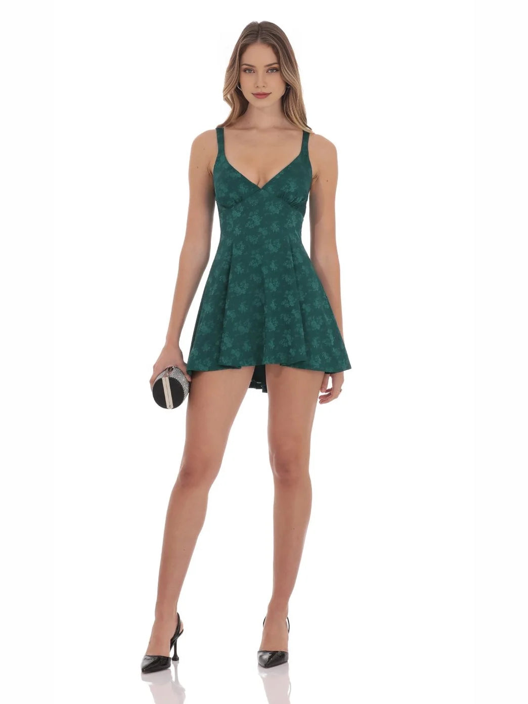 Jungle green satin mini dress with V-neck and A-line skirt