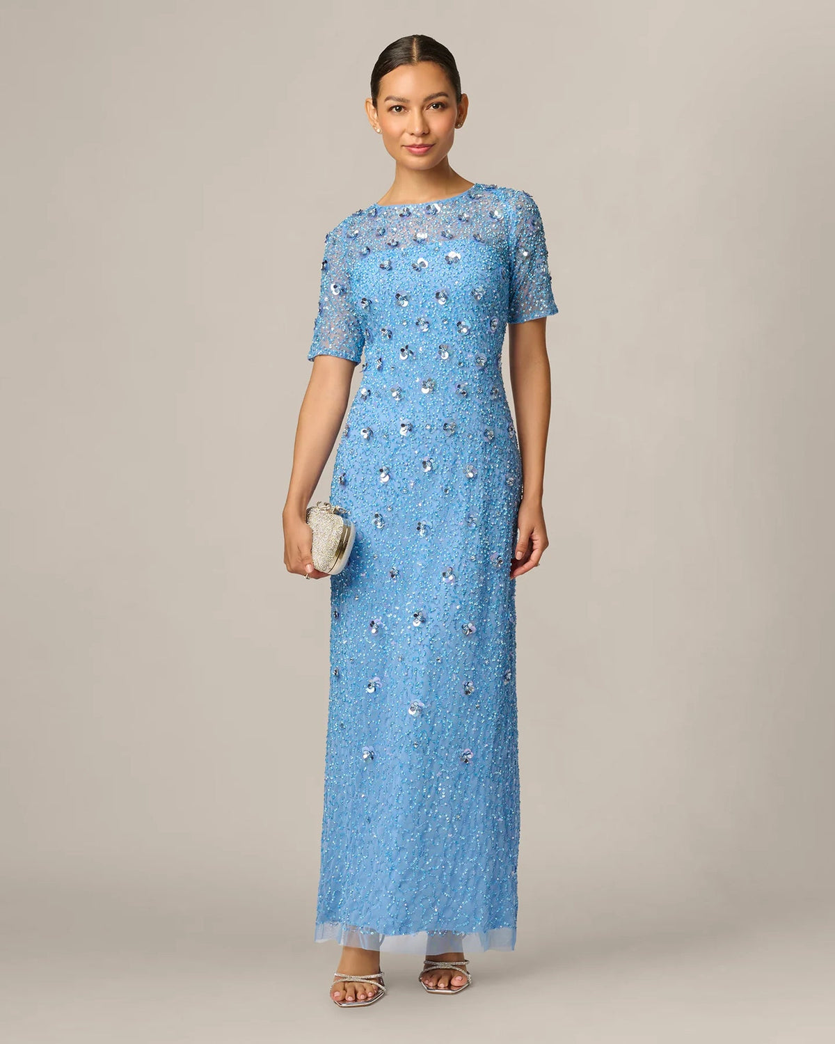 Light blue embellished maxi dress with short sleeves, crew neck and A-line silhouette