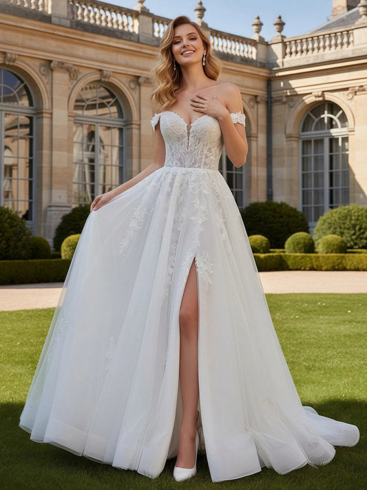 Ivory corset lace A-line tulle wedding dress with V-neck, slit, and off-shoulder sleeves