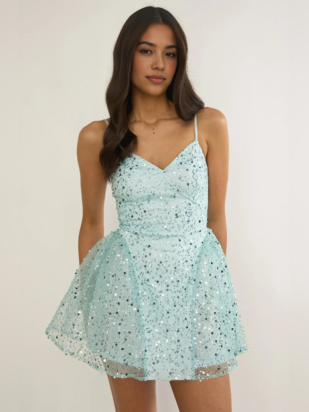 Ice blue sequin V-neck A-line mini tulle dress with spaghetti straps
