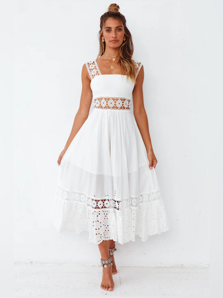 White a-line maxi formal dress with V-neckline, full-length front view