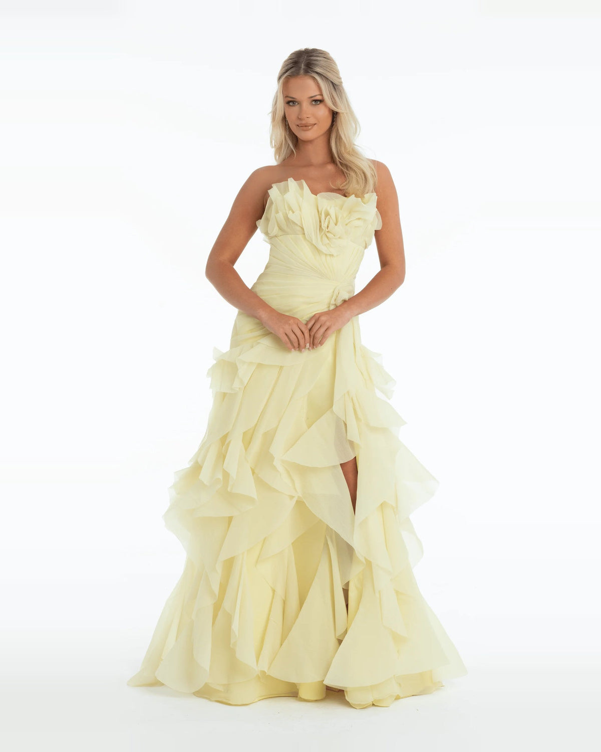 Yellow strapless A-line maxi prom dress with pleated ruffles and side slit