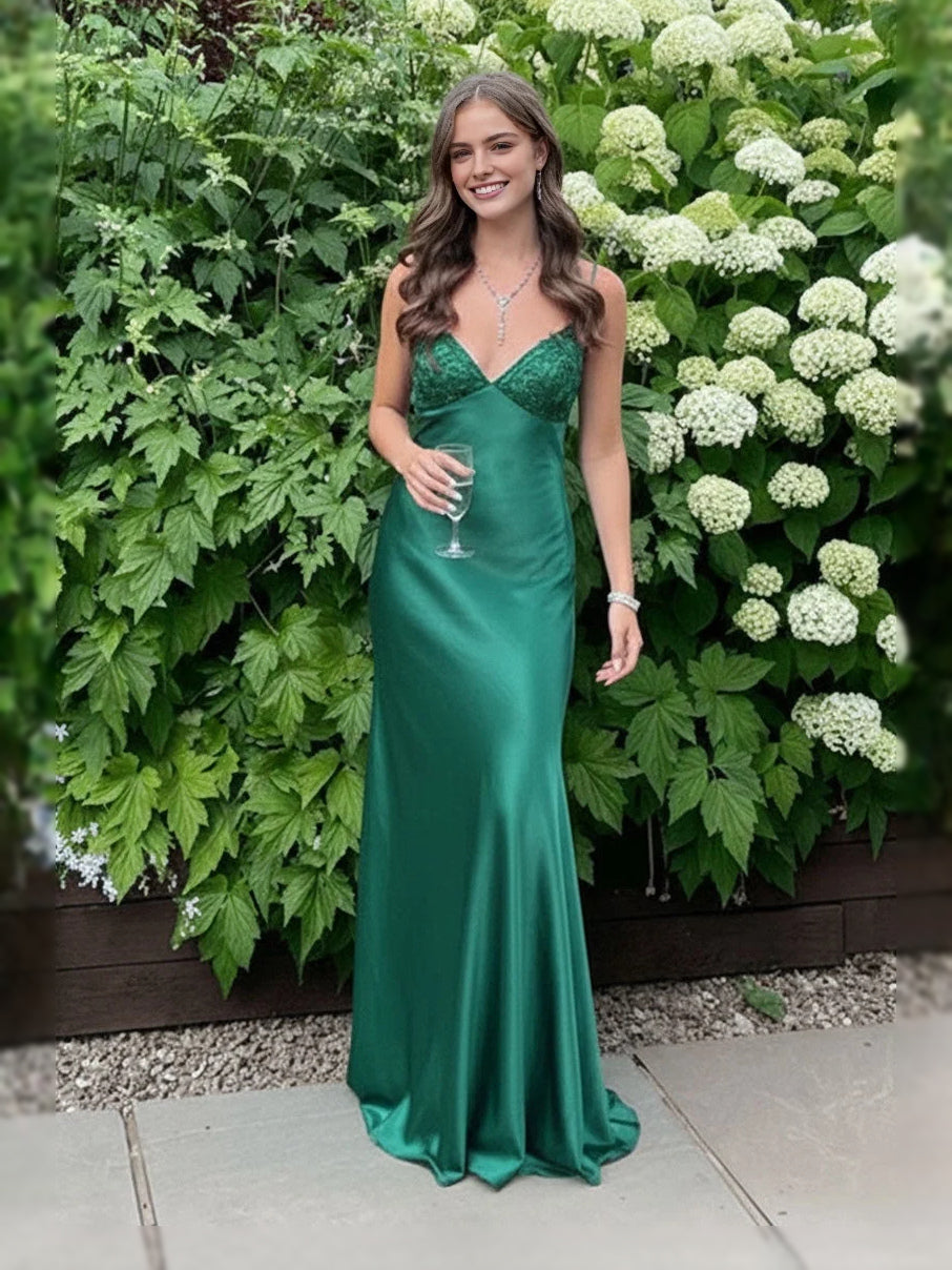 Green satin sheath prom dress, sleeveless V-neck maxi with fitted drape.