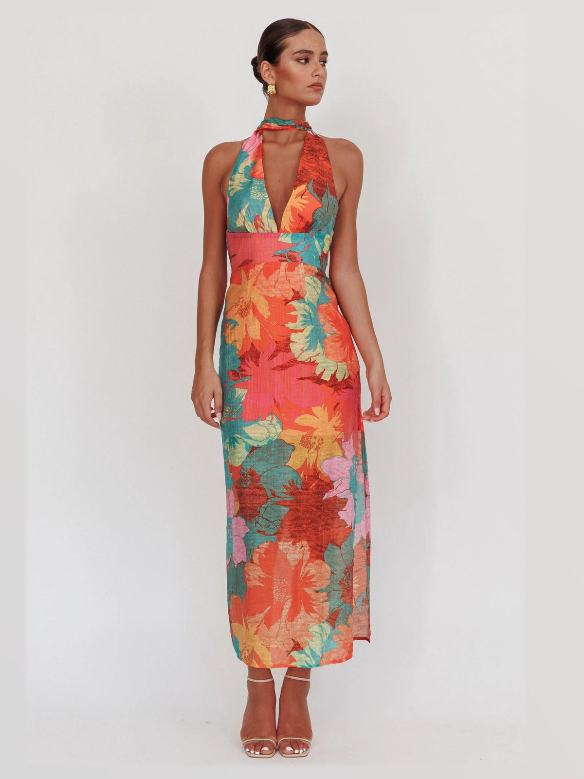 Pink maxi formal dress, front full-length view showing the neckline