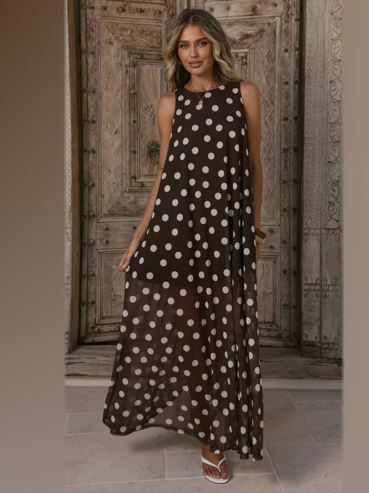 Chocolate White Polka Dot maxi formal dress, front full-length view showing the neckline