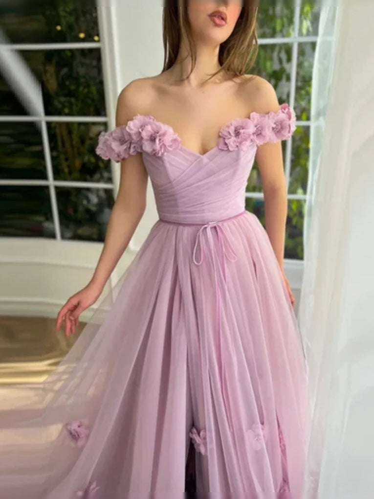 Lilac off-shoulder A-line tulle prom dress with ruffled sleeve trim and floral appliques