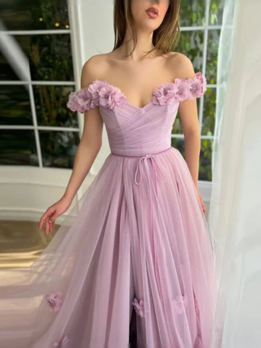 Lilac off-shoulder A-line tulle prom dress with ruffled sleeve trim and floral appliques