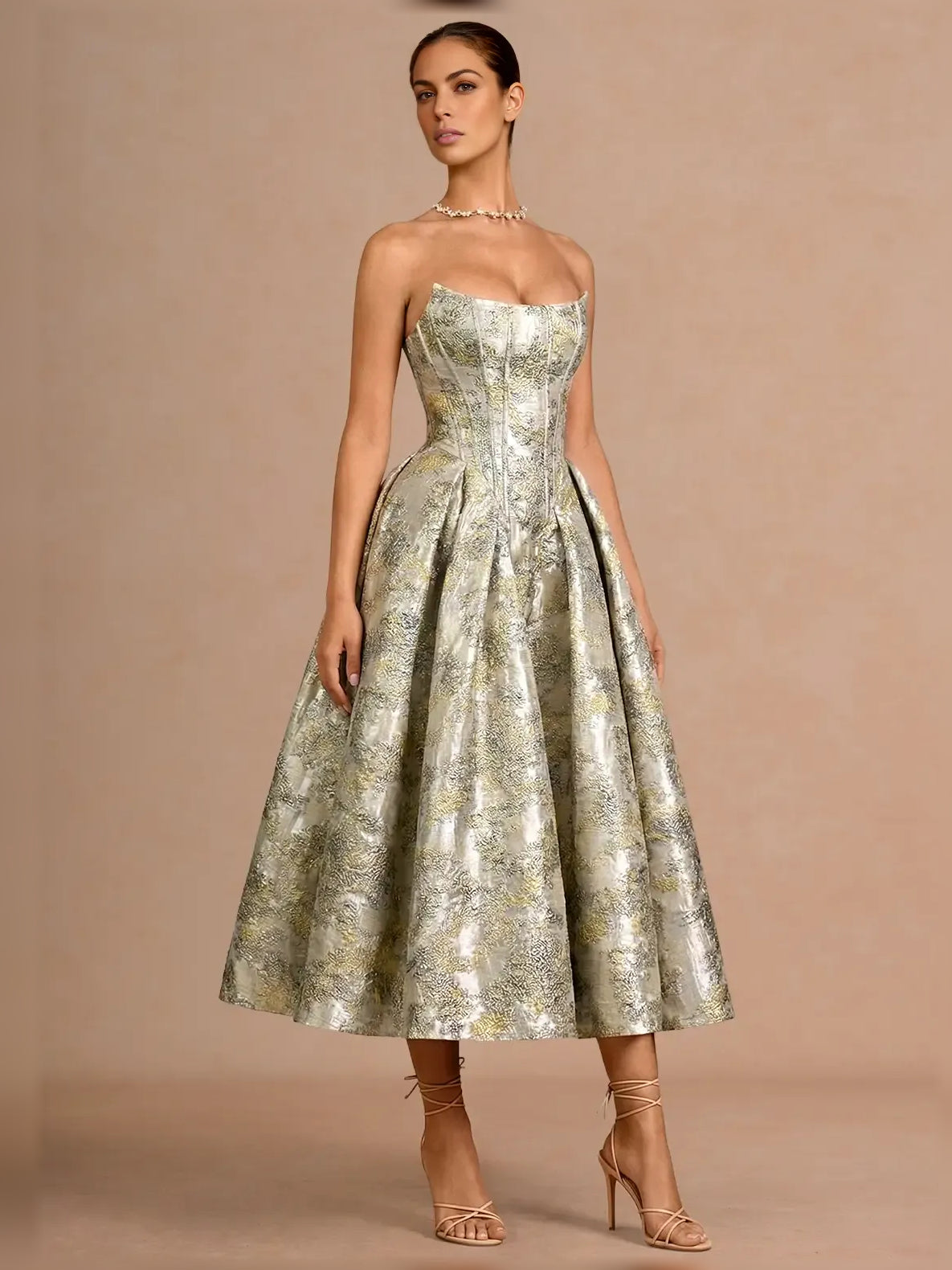 Sweetheart corset tea-length formal dress in silver-gold floral brocade, sleeveless