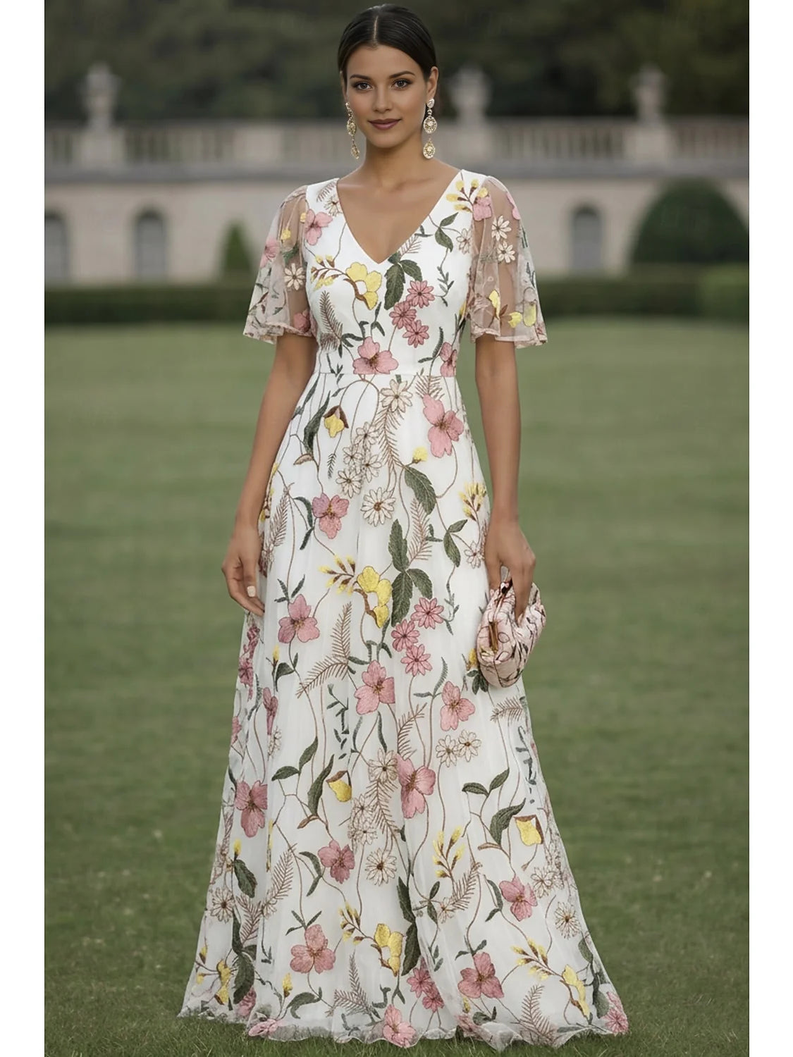 Floral V-neck A-line maxi formal dress, short sleeves, white with pink flowers