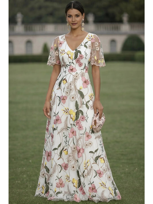 Floral V-neck A-line maxi formal dress, short sleeves, white with pink flowers