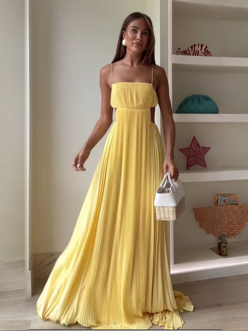Butter a-line maxi formal dress with strapless neckline, full-length front view