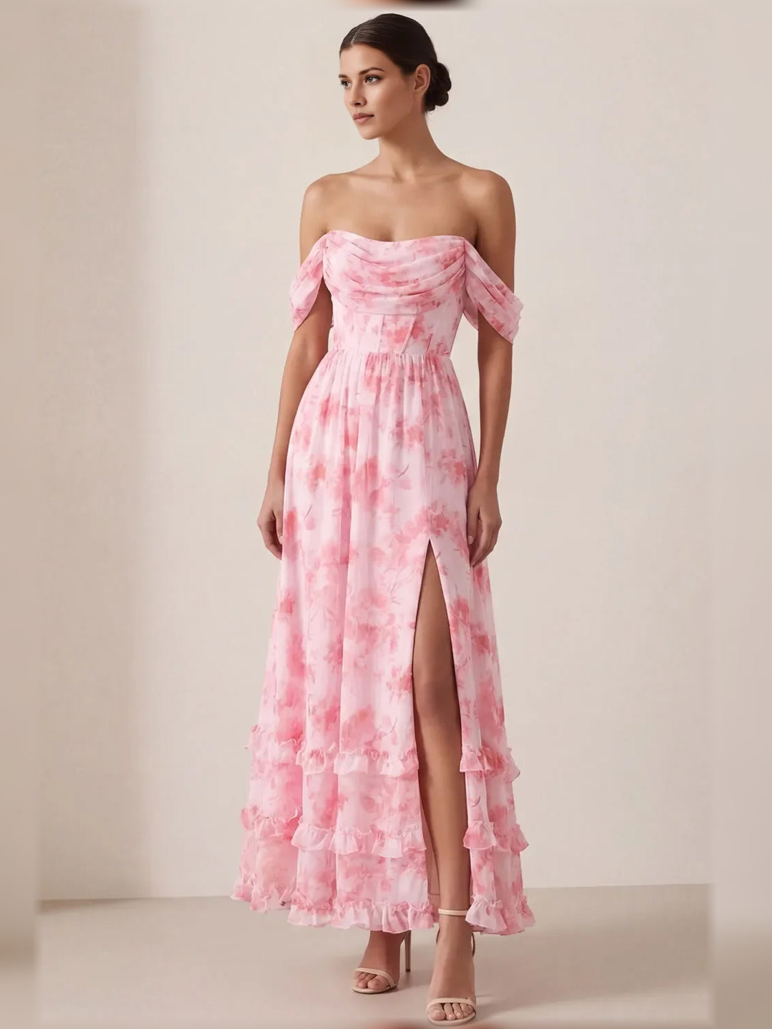 Pink floral off-shoulder corset maxi dress with tiered ruffle hem and leg slit
