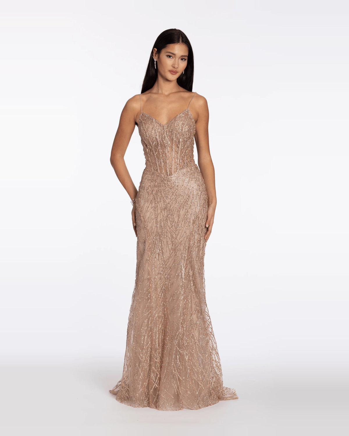 Beige glitter sequin corset sweetheart trumpet maxi prom dress, spaghetti straps