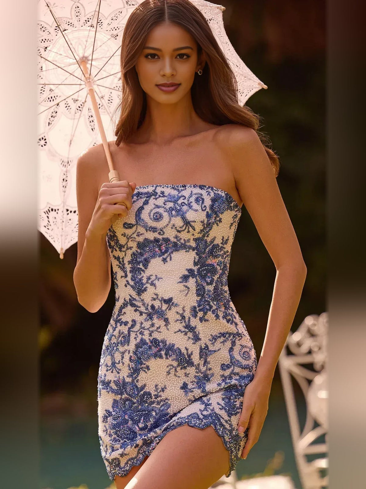 Blue floral strapless mini bodycon dress with straight neckline and scalloped hem