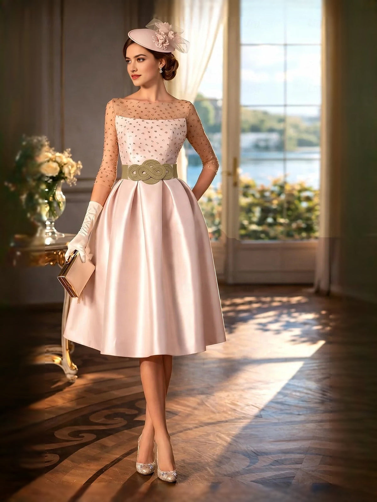 Blush pink satin midi dress, boat neck, sheer dotted bodice, pleated A-line skirt