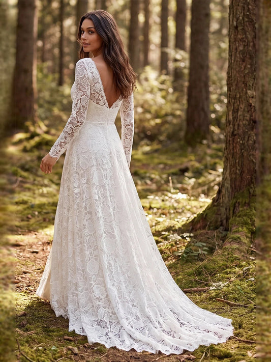 Ivory lace wedding dress with back V-neck, long sleeves, A-line floor-length skirt