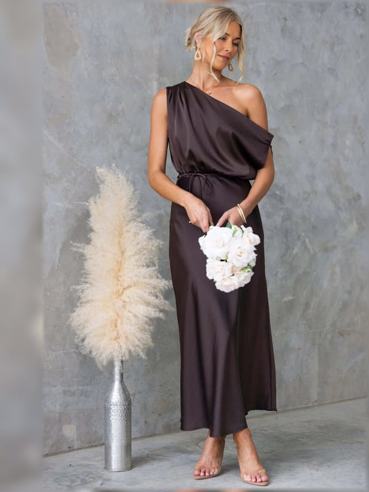 Dark satin one-shoulder A-line bridesmaid dress, draped bodice, ankle-length hem