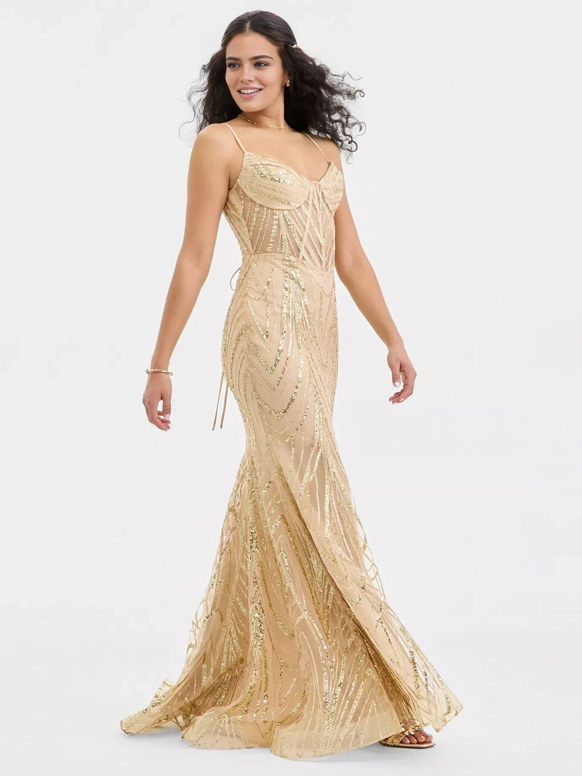 Gold sequin mermaid prom dress with sweetheart corset bodice and draped straps