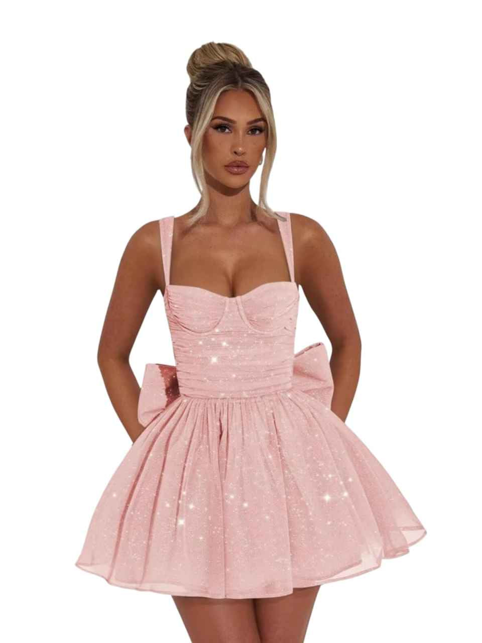 Blush pink sweetheart corset A-line mini dress with bow-like detail and glitter skirt