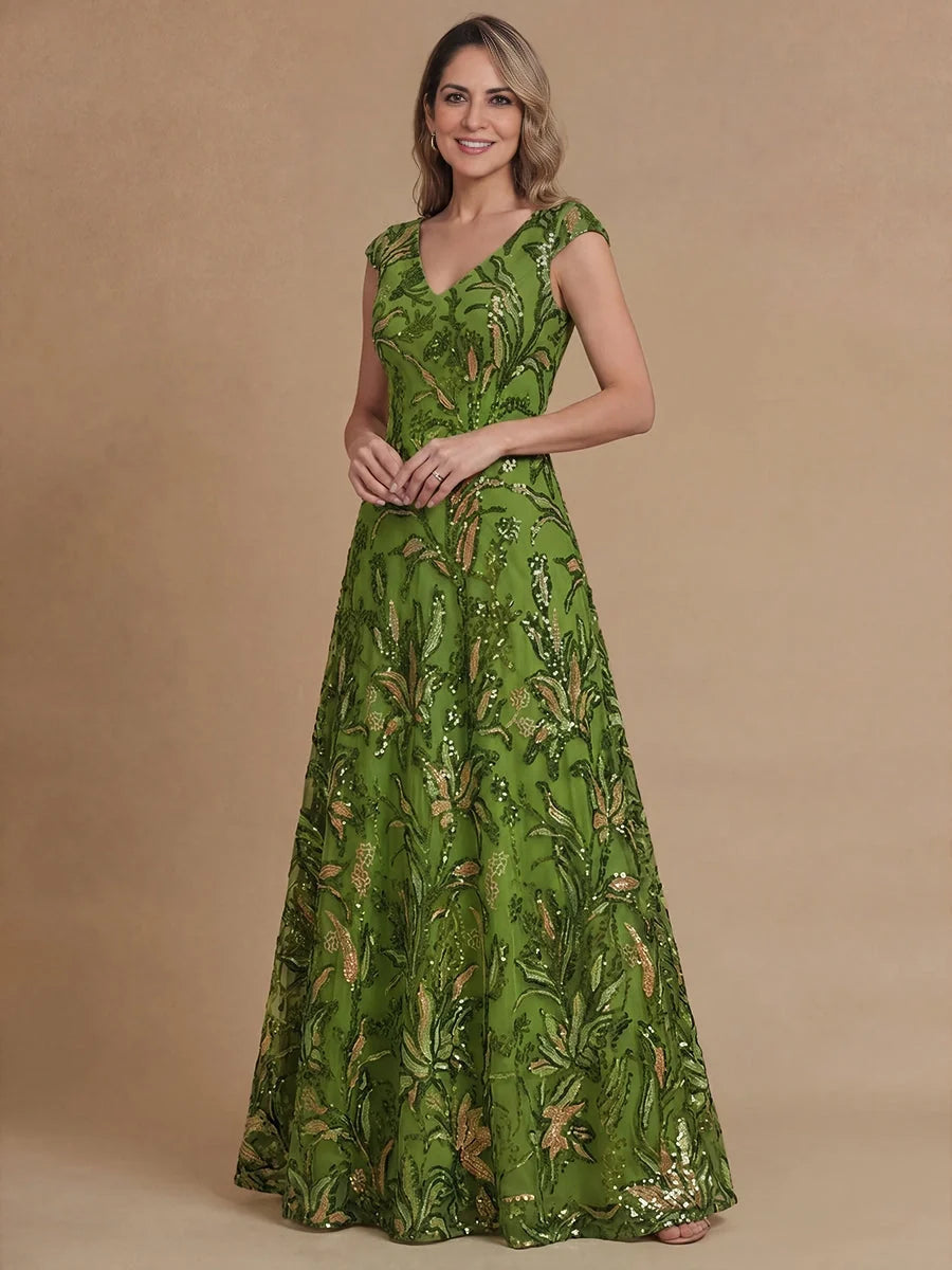 Green V-neck sleeveless A-line maxi dress with floral sequin embroidery