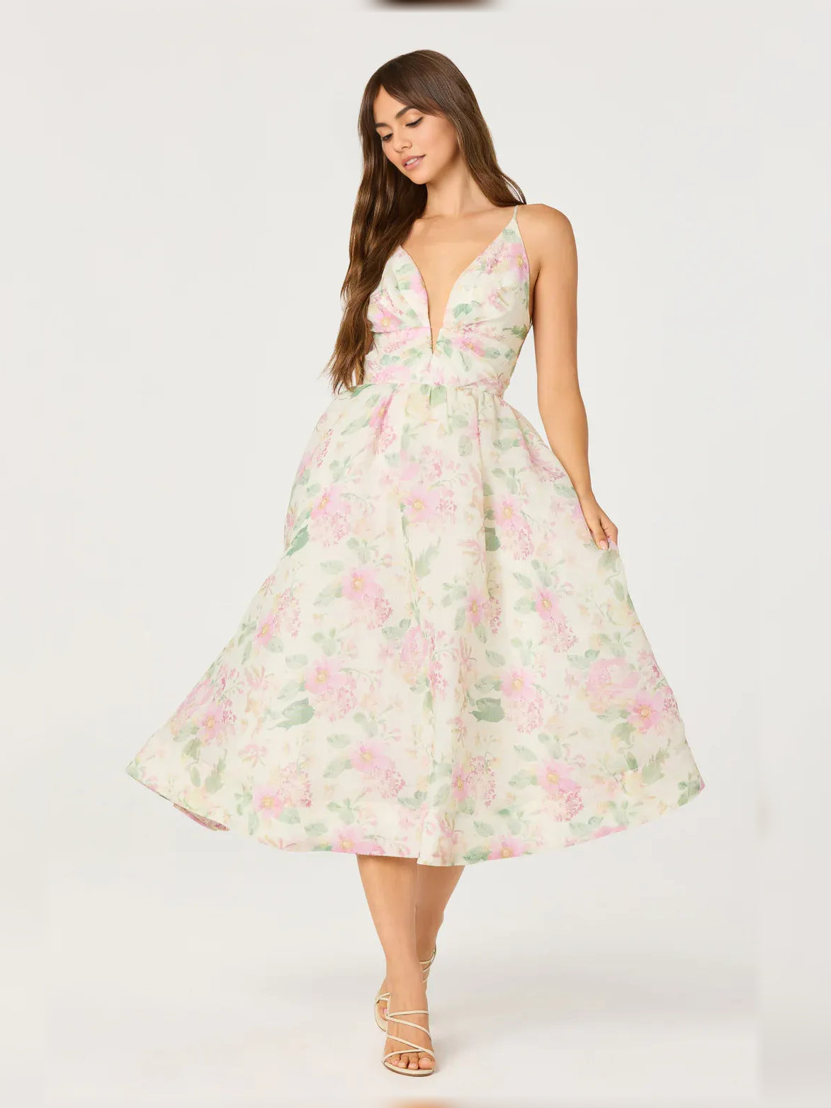 Floral print v-neck spaghetti strap midi dress, pastel pink and green, full skirt