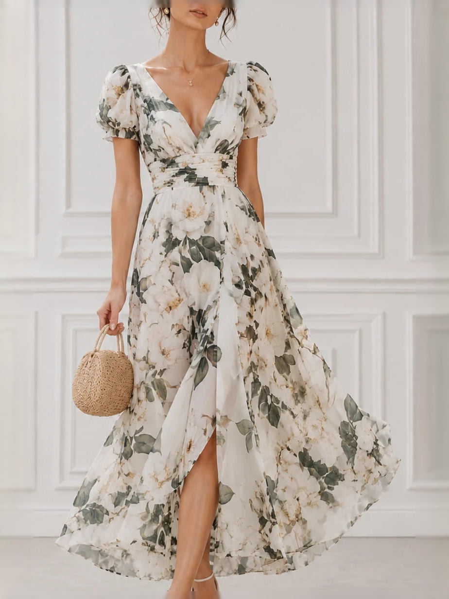 Ivory floral chiffon midi dress with V-neck, puff sleeves, ruched waist and front slit