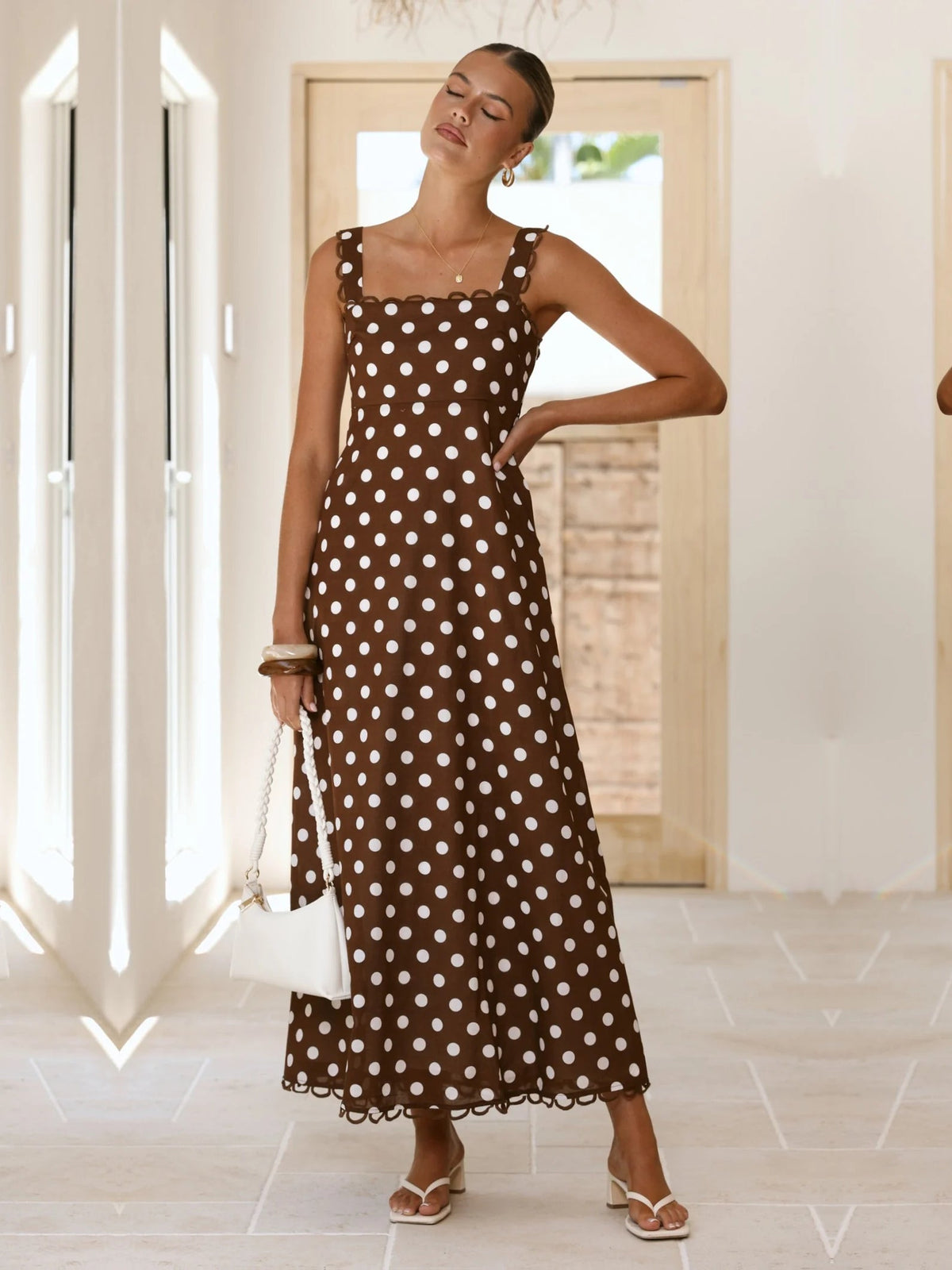 Brown a-line maxi formal dress with square neckline, full-length front view