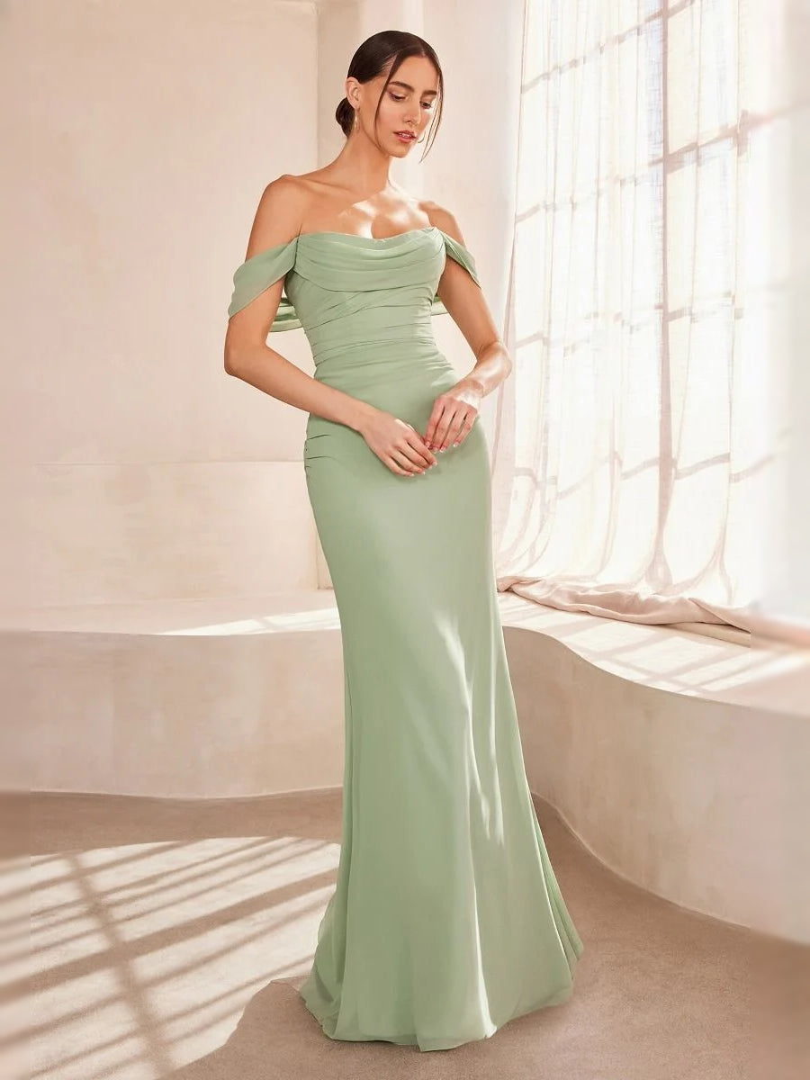 Sage green off-shoulder ruched mermaid prom dress with draped neckline