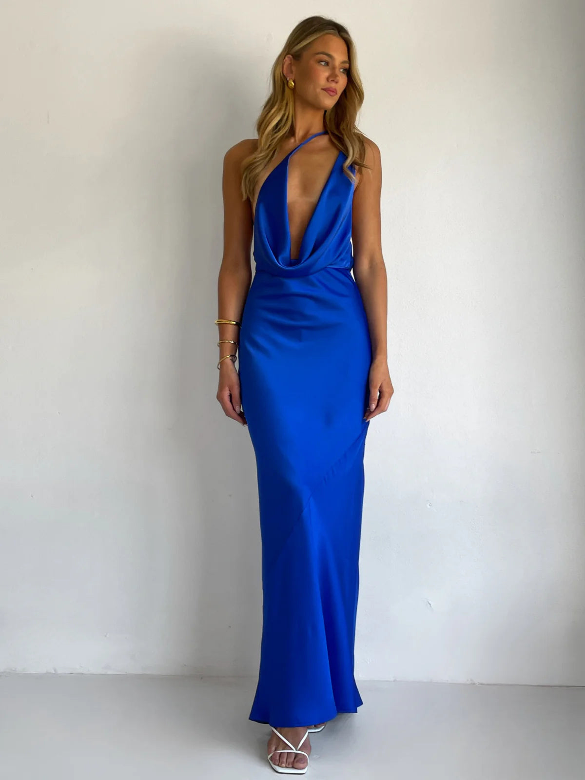 Cobalt sheath maxi formal dress with halter neckline, full-length front view