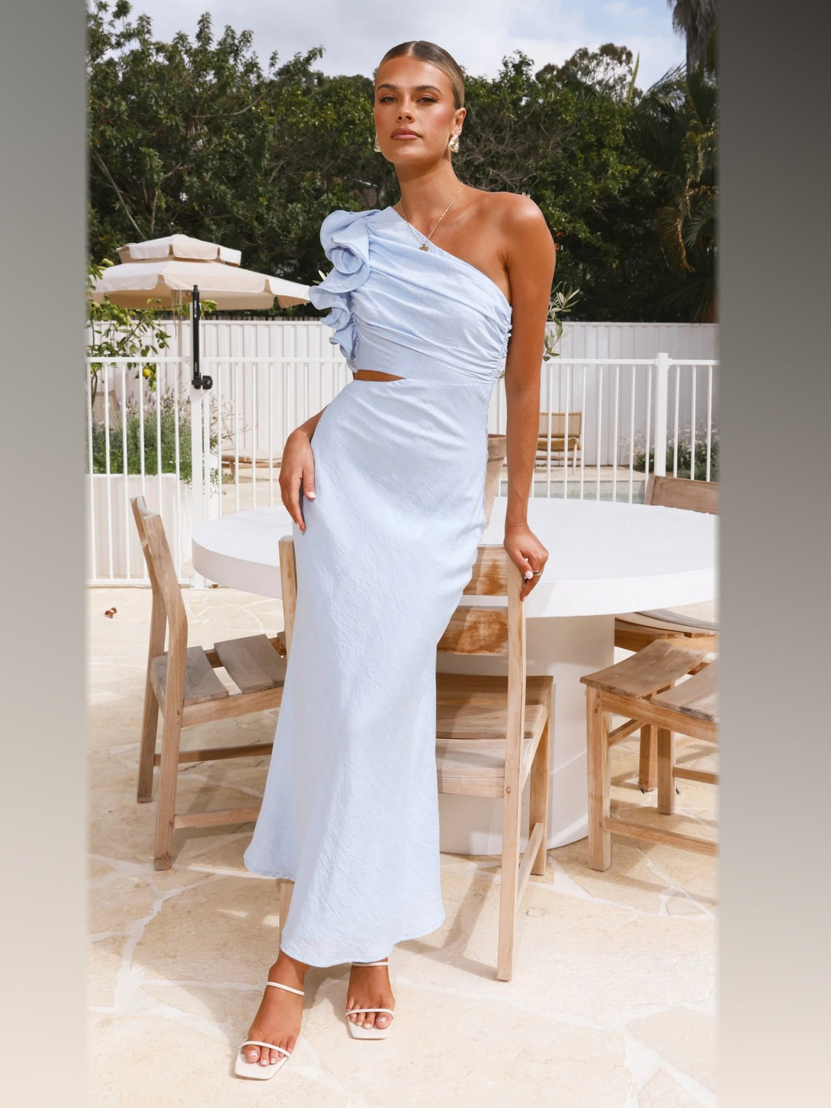 Blue maxi formal dress, front full-length view showing the neckline