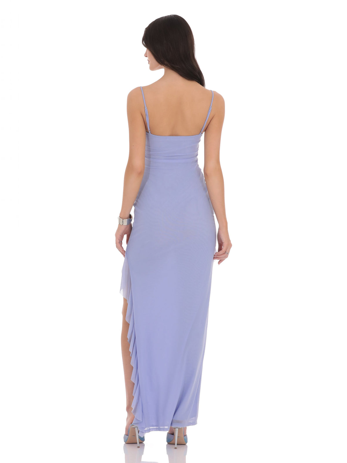 Periwinkle bridesmaid dress with a-line silhouette and maxi length